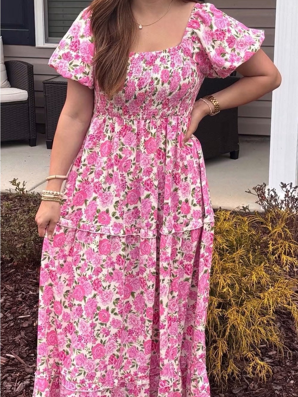 Pink Floral Smocked Square-Neck Maxi Dress